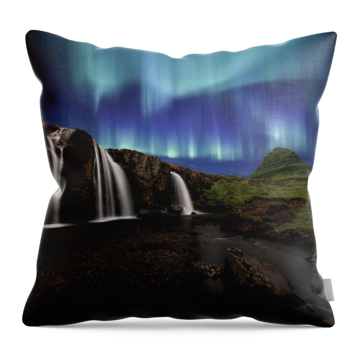 #faatoppicks Throw Pillow featuring the photograph Northern Lights at Kirkjufellsfoss Waterfalls Iceland by Larry Marshall