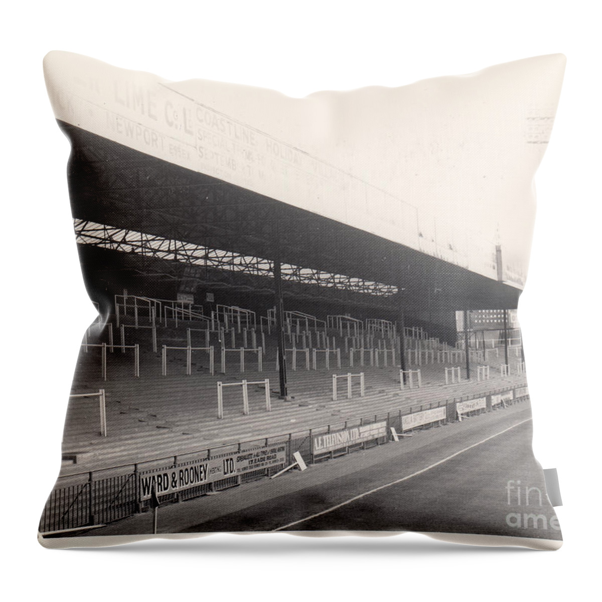  Throw Pillow featuring the photograph Norwich City - Carrow Road - South Stand 1 - BW - 1960s by Legendary Football Grounds