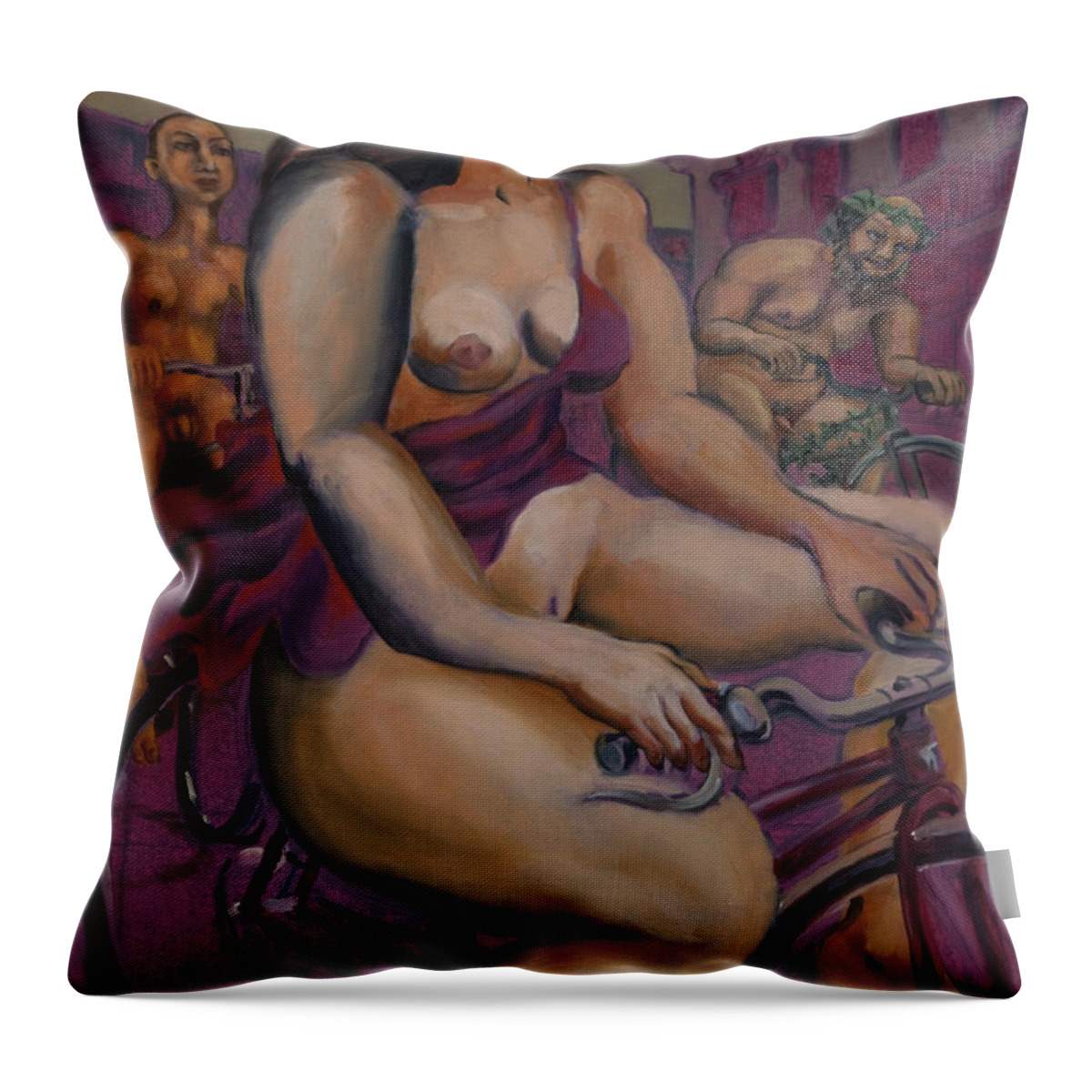 Nudes Throw Pillow featuring the painting Nude cyclists with Carracchi Bacchus by Peregrine Roskilly