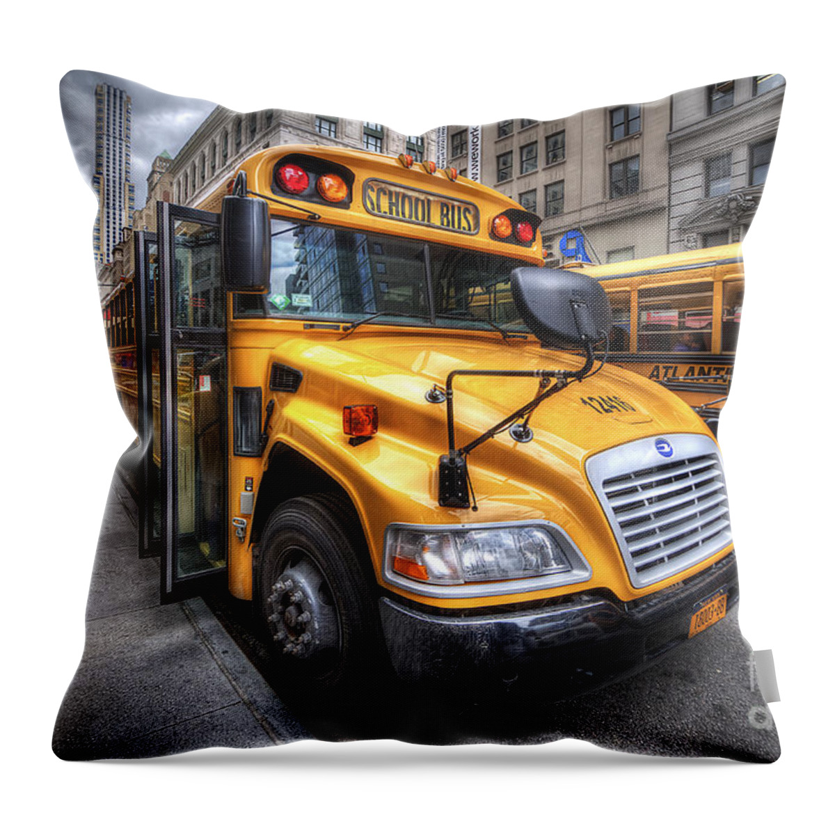 Yhun Suarez Throw Pillow featuring the photograph NYC School Bus by Yhun Suarez