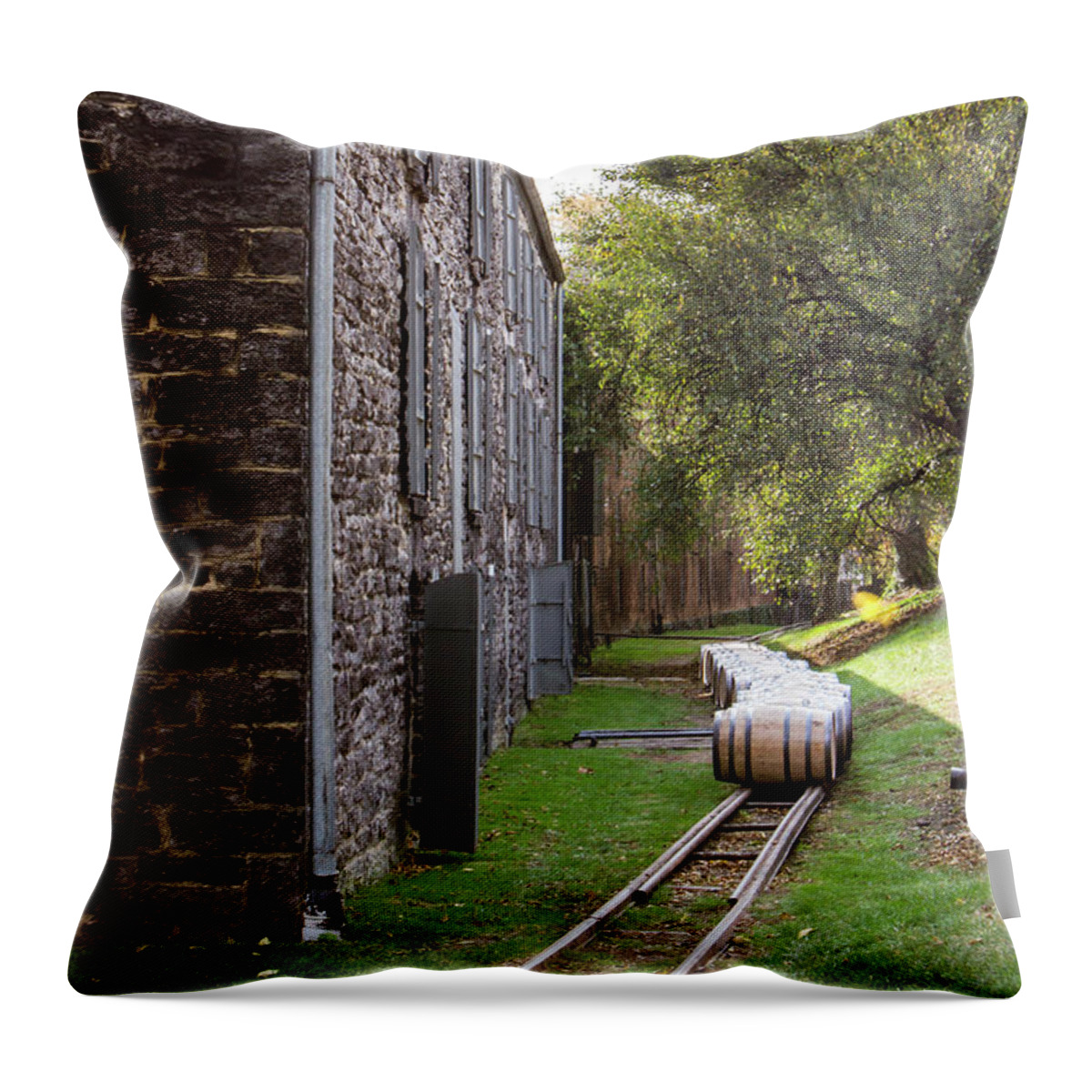 American Throw Pillow featuring the photograph Oak barrels outside stone distillery by Karen Foley