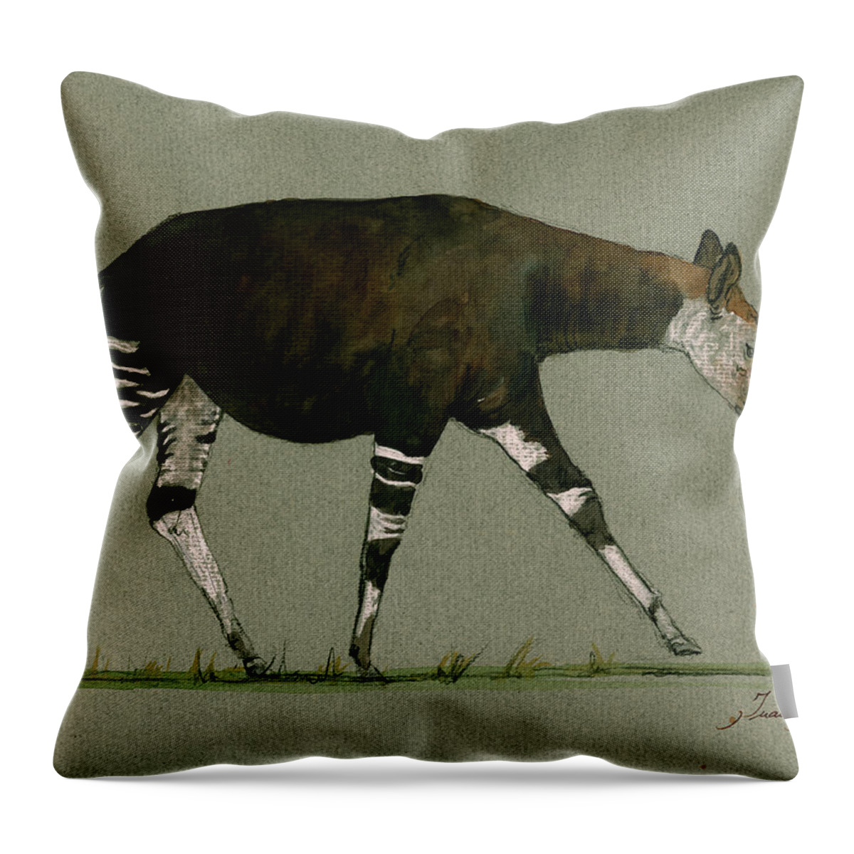 Okapi Animal Throw Pillow featuring the painting Okapi art watercolor painting by Juan Bosco