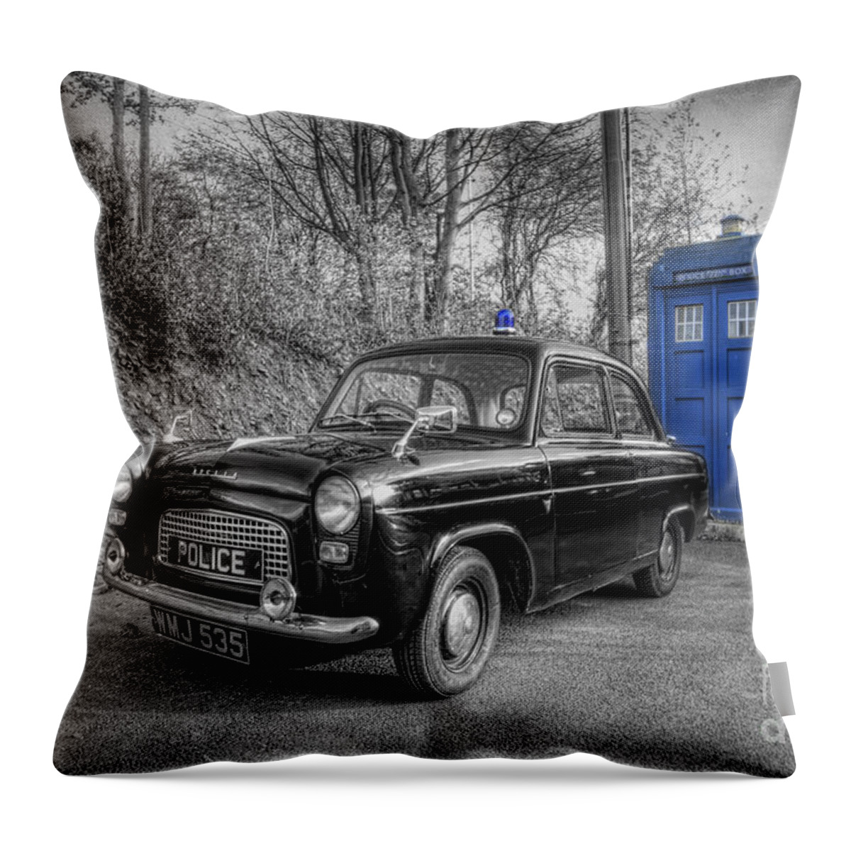 Art Throw Pillow featuring the photograph Old British Police Car And Tardis by Yhun Suarez