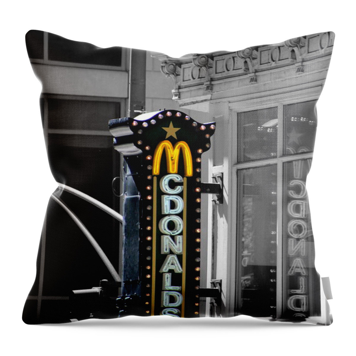 Mcdonalds Throw Pillow featuring the photograph Old McDonalds Sign in Downtown Chicago Selective Coloring by Colleen Cornelius