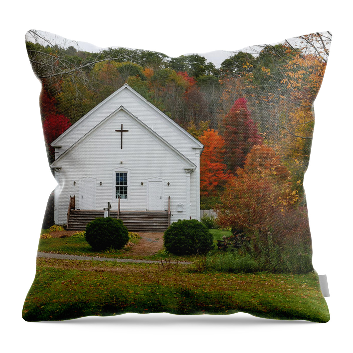 New England Church Throw Pillow featuring the photograph Old New England Church in Colorful Fall Foliage by Robert Bellomy