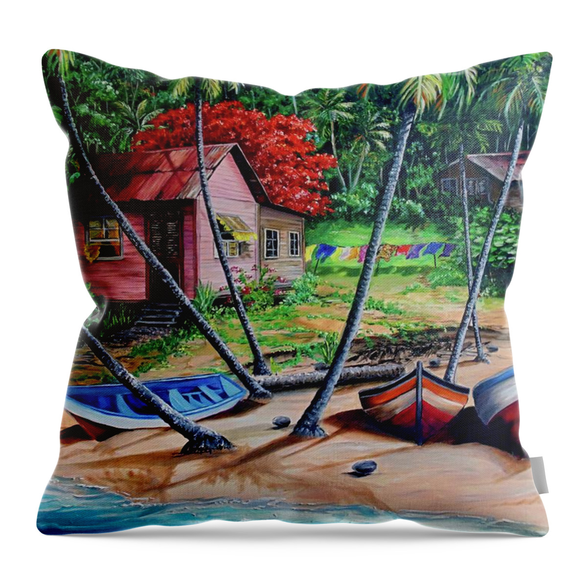 Tropical Throw Pillow featuring the painting Old Palatuvia Tobago by Karin Dawn Kelshall- Best