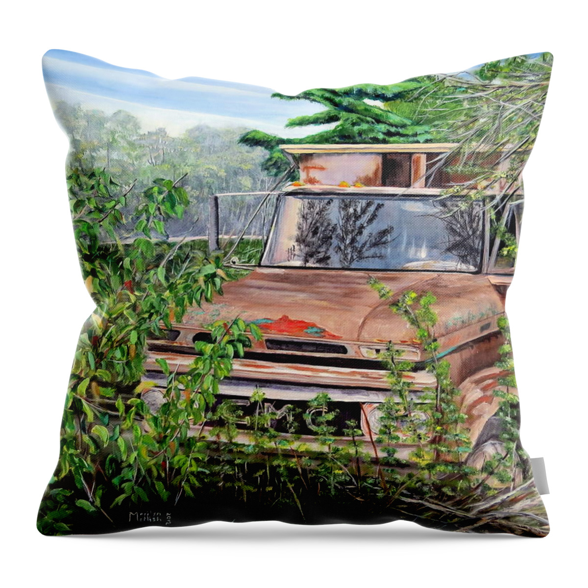 Old Truck Throw Pillow featuring the painting Old truck rusting by Marilyn McNish