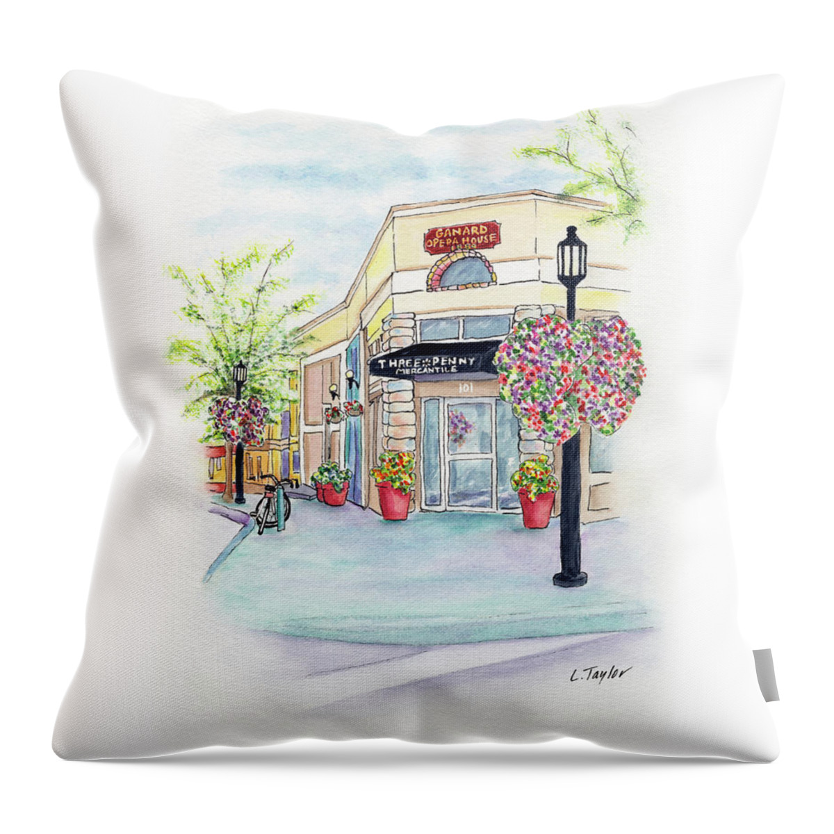 Small Town Throw Pillow featuring the mixed media On the Corner by Lori Taylor