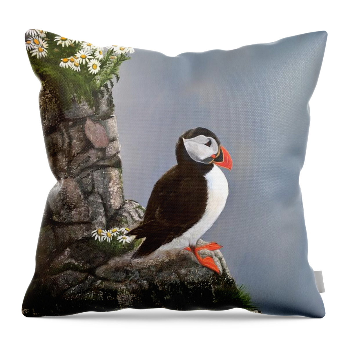 Puffin Throw Pillow featuring the painting On The Edge by Marlene Little