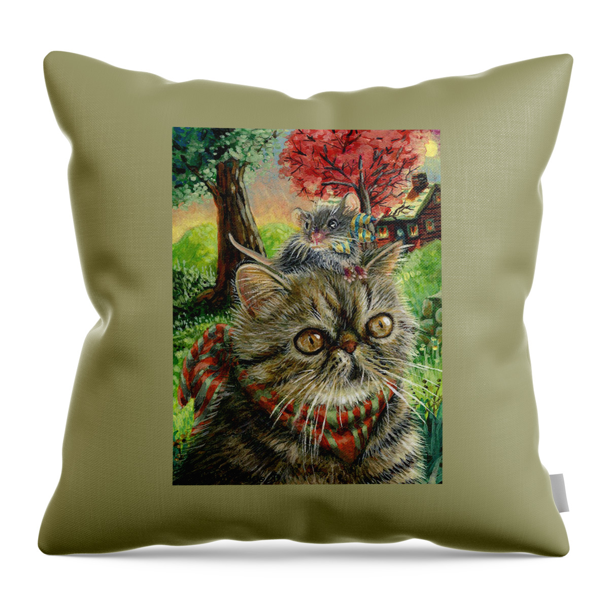 Cat Throw Pillow featuring the painting On The Hunt For Fun Stuff by Jacquelin L Vanderwood Westerman