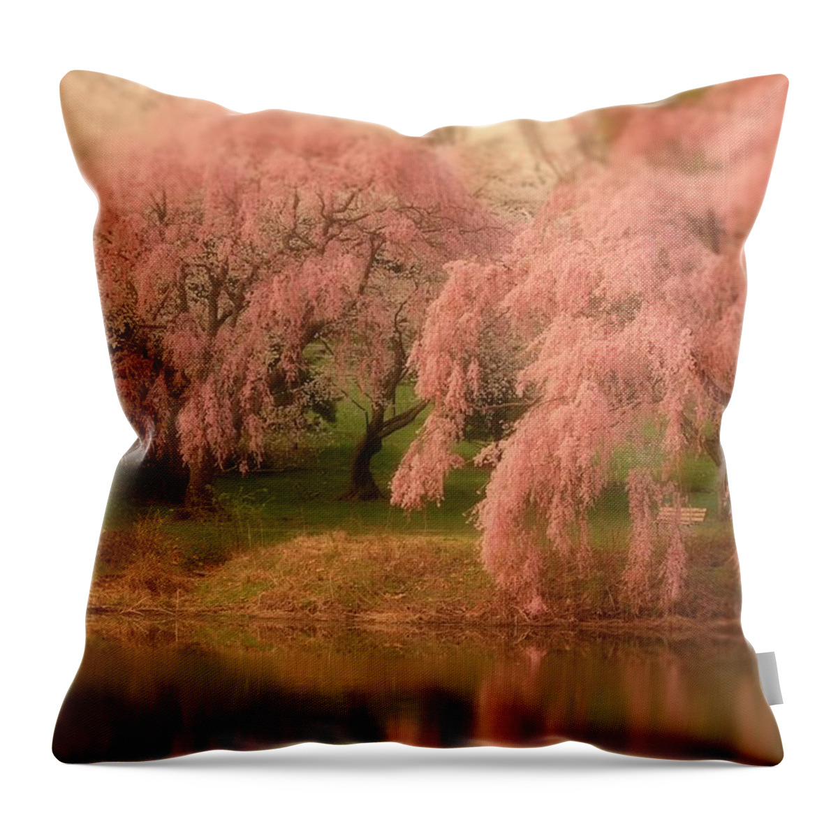Cherry Blossom Trees Throw Pillow featuring the photograph One Spring Day - Holmdel Park by Angie Tirado