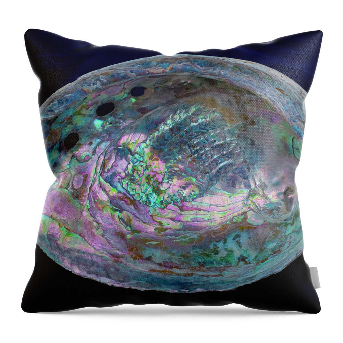Abalone Throw Pillow featuring the photograph Opalescent Abalone Seashell on Blue Velvet by Kathy Anselmo
