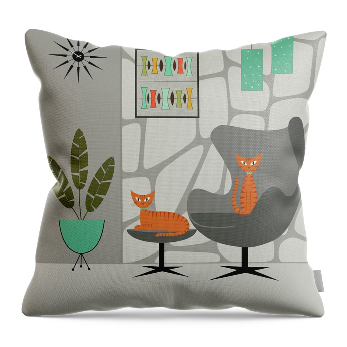 Mid Century Modern Throw Pillow featuring the digital art Orange Cat in Gray Stone Wall by Donna Mibus