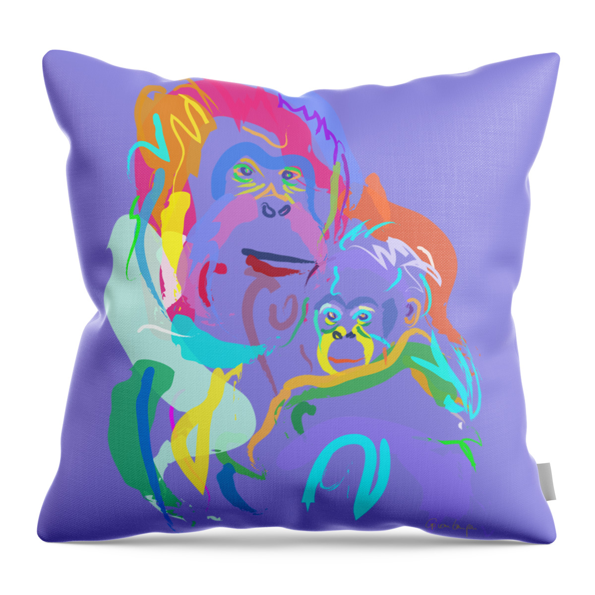 Orangutan Art Throw Pillow featuring the painting Orangutan mom and baby by Go Van Kampen