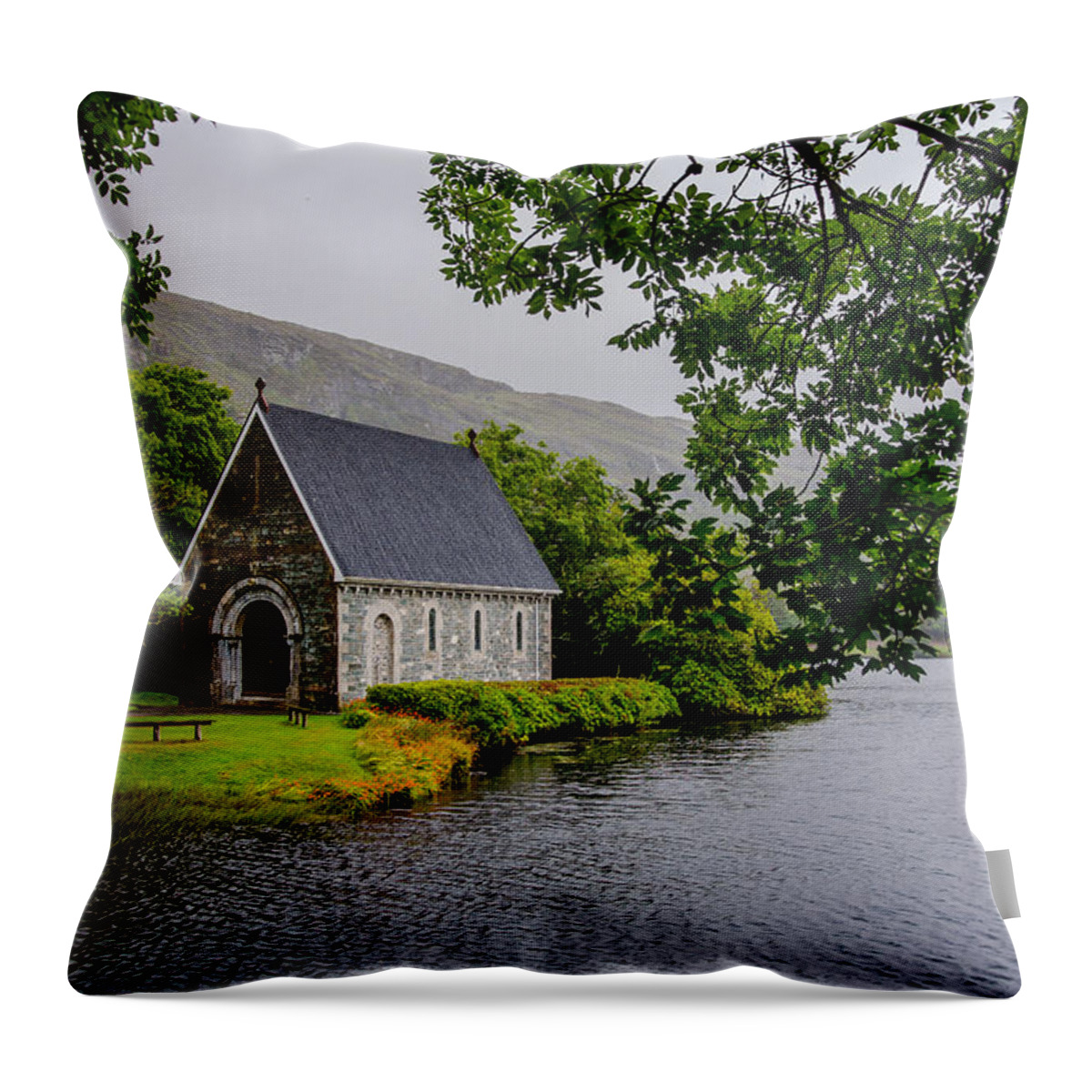 Oratory Throw Pillow featuring the photograph Oratory in Gougane Barra National Park in Ireland by Andreas Berthold