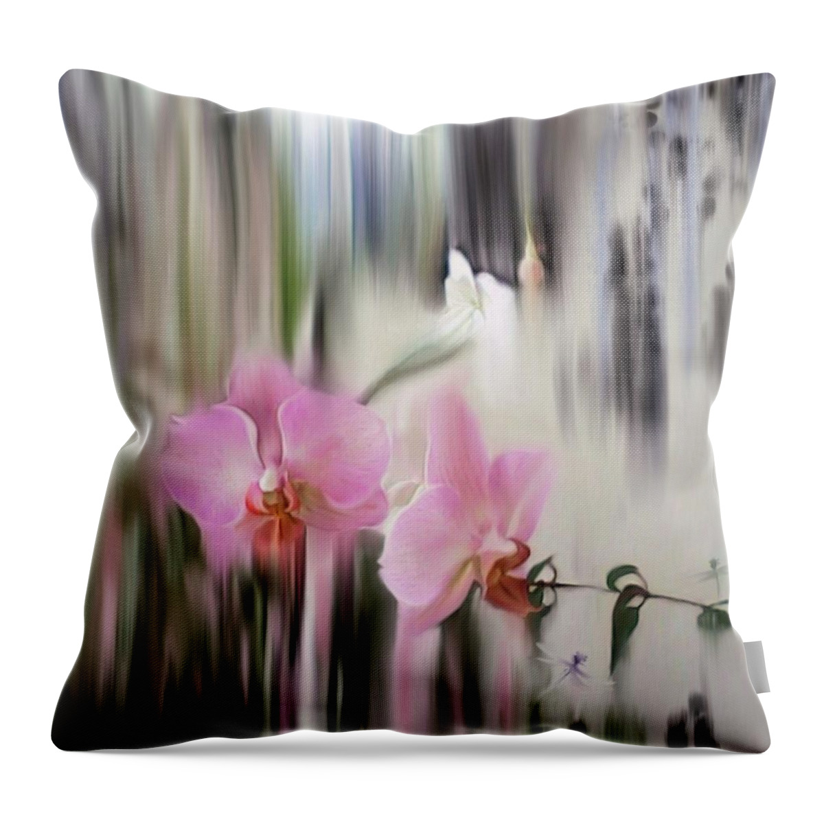 Orchids Throw Pillow featuring the digital art Orchids with dragonflies by Sand And Chi