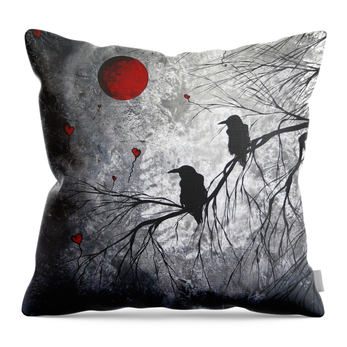 Birds Throw Pillow featuring the painting Original Abstract Surreal Raven Red Blood Moon Painting The Overseers by MADART by Megan Duncanson