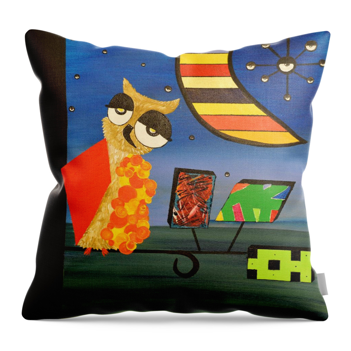 Owl Drawing Throw Pillow featuring the painting Original Acrylic Artwork By MiMi Stirn - HooMasters Collection - HooPicasso #410 by MiMi Stirn