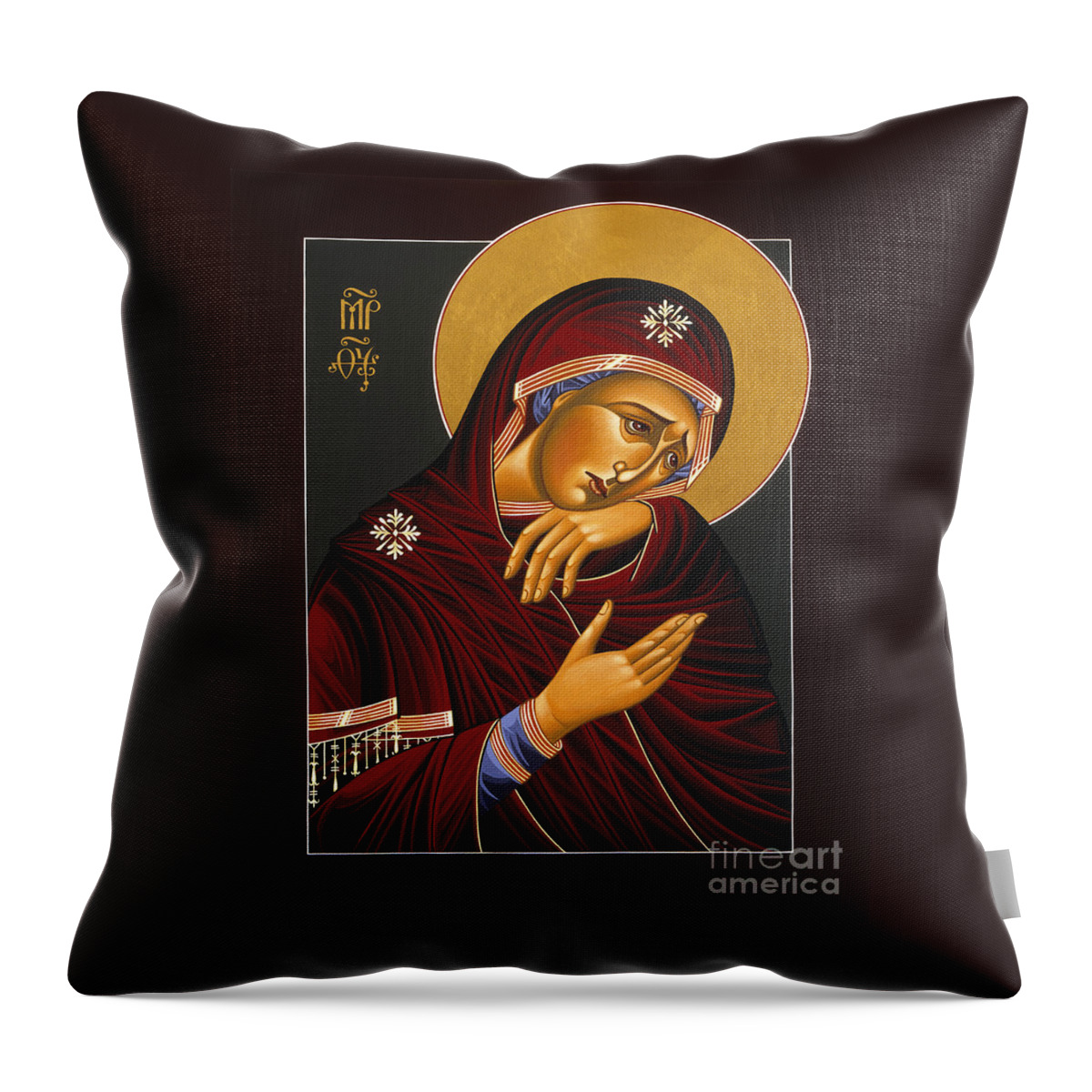 Our Lady Of Sorrows Is Part Of The Triptych Of The Passion With Jesus Christ Extreme Humility And St. John The Apostle Throw Pillow featuring the painting Our Lady of Sorrows 028 by William Hart McNichols