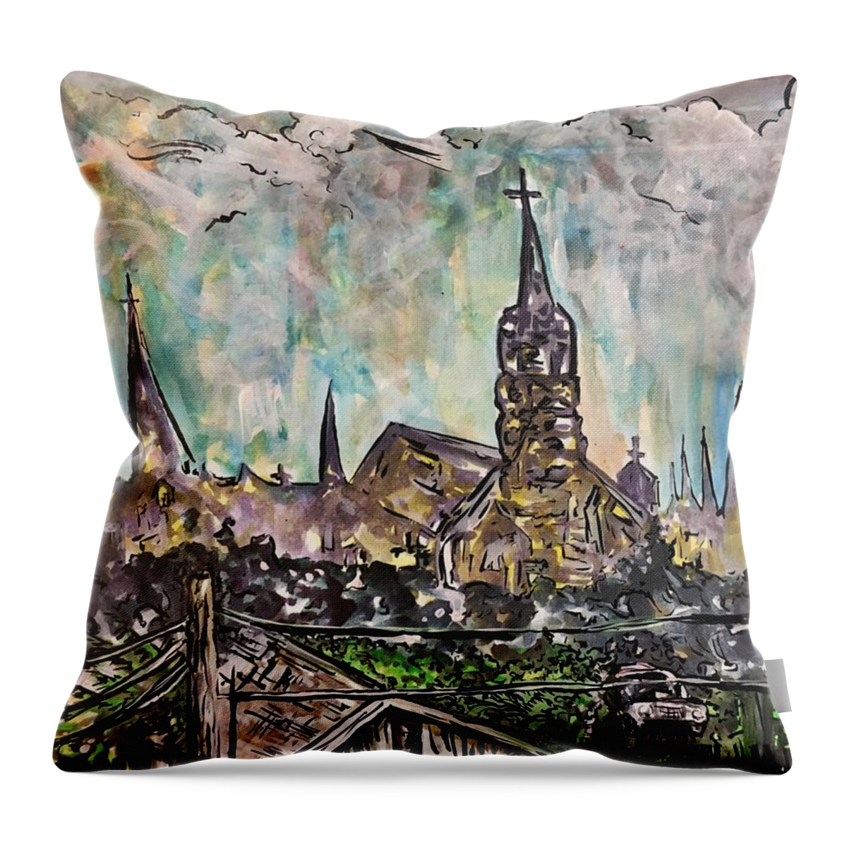 Cityscape Throw Pillow featuring the mixed media Our Lady of the Lake University in the Distance by Angela Weddle