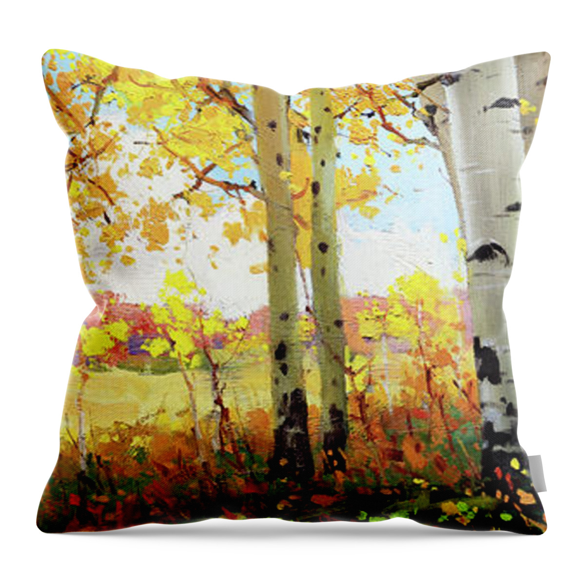 Gay Kim Aspen Tree Landscape Nature Birch Trees Canopy Colorful Sky Original Oil Painting Canvas Contemporary Forest Owl Creek Artist Southwestern Santa Fe National Park Aspen Rocky Moutain Golden Oil Print Art Nature Scenes Healing Trail Santafe Fall Trees Autumn Season Beautiful Beauty Yellow Red-orange Fall Leaves Foliage Autumn Leaf Color Mountain Oil Painting Original Art Horizontal Landscape National Park Morning Nature Wallpaper Outdoor Panoramic Peaceful Scenic Sky Travel Season Bright Throw Pillow featuring the painting Owl Creek Fall Aspen by Gary Kim
