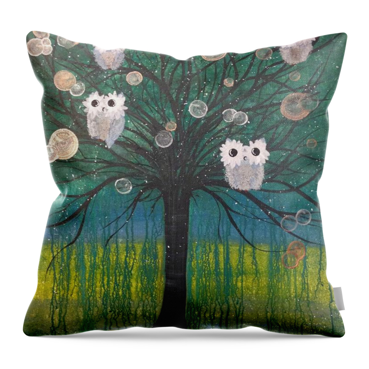 Owl Drawing Throw Pillow featuring the painting Owl Tree of Life #378 by MiMi Stirn