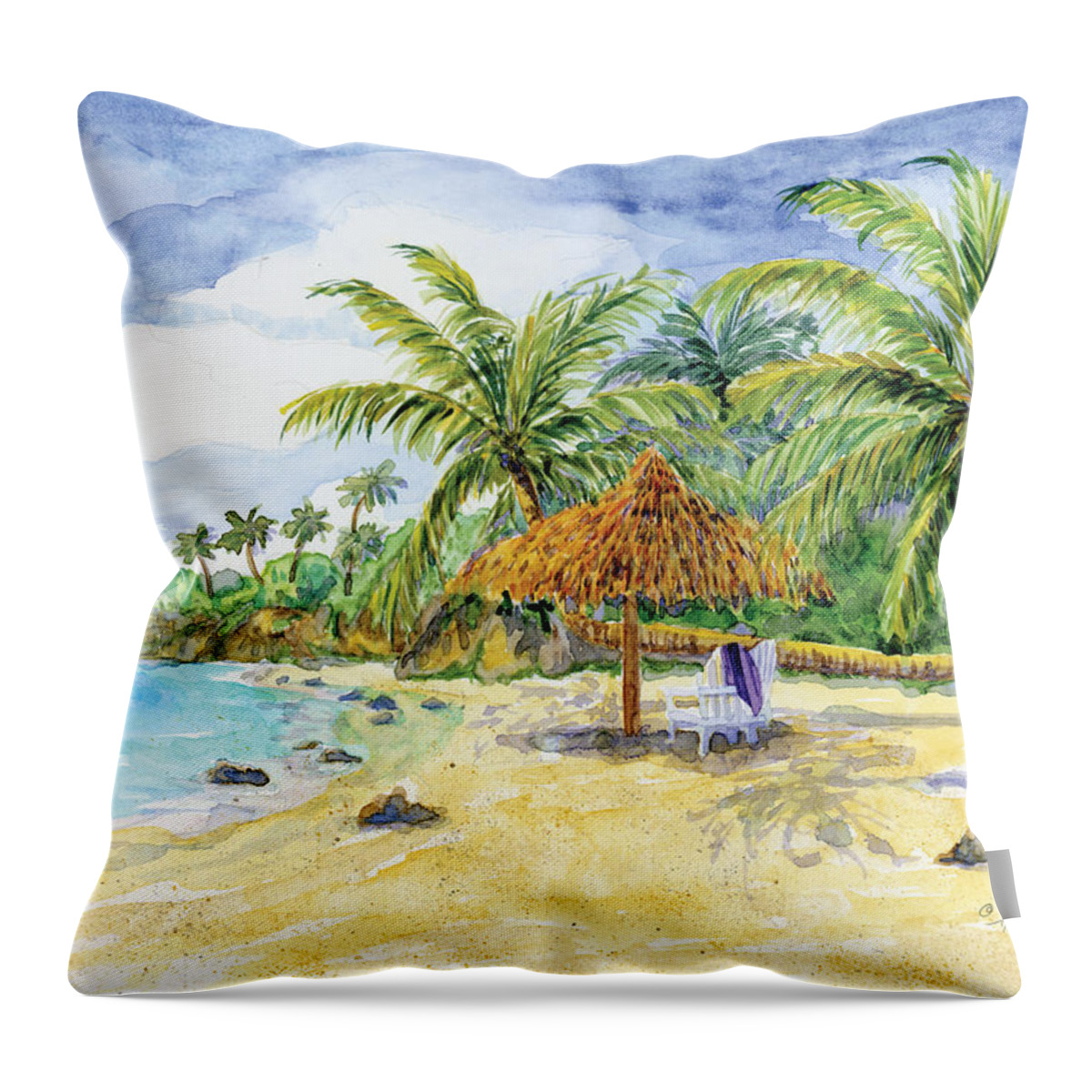 Palappa Throw Pillow featuring the painting Palappa n Adirondack Chairs on a Caribbean Beach by Audrey Jeanne Roberts