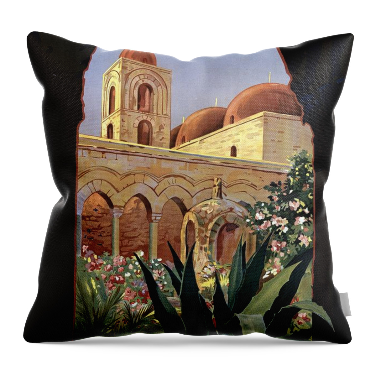 Palermo Throw Pillow featuring the mixed media Palermo, Sicily, Italy - Garden Courtyard with Arcade and Tower - Retro travel Poster by Studio Grafiikka