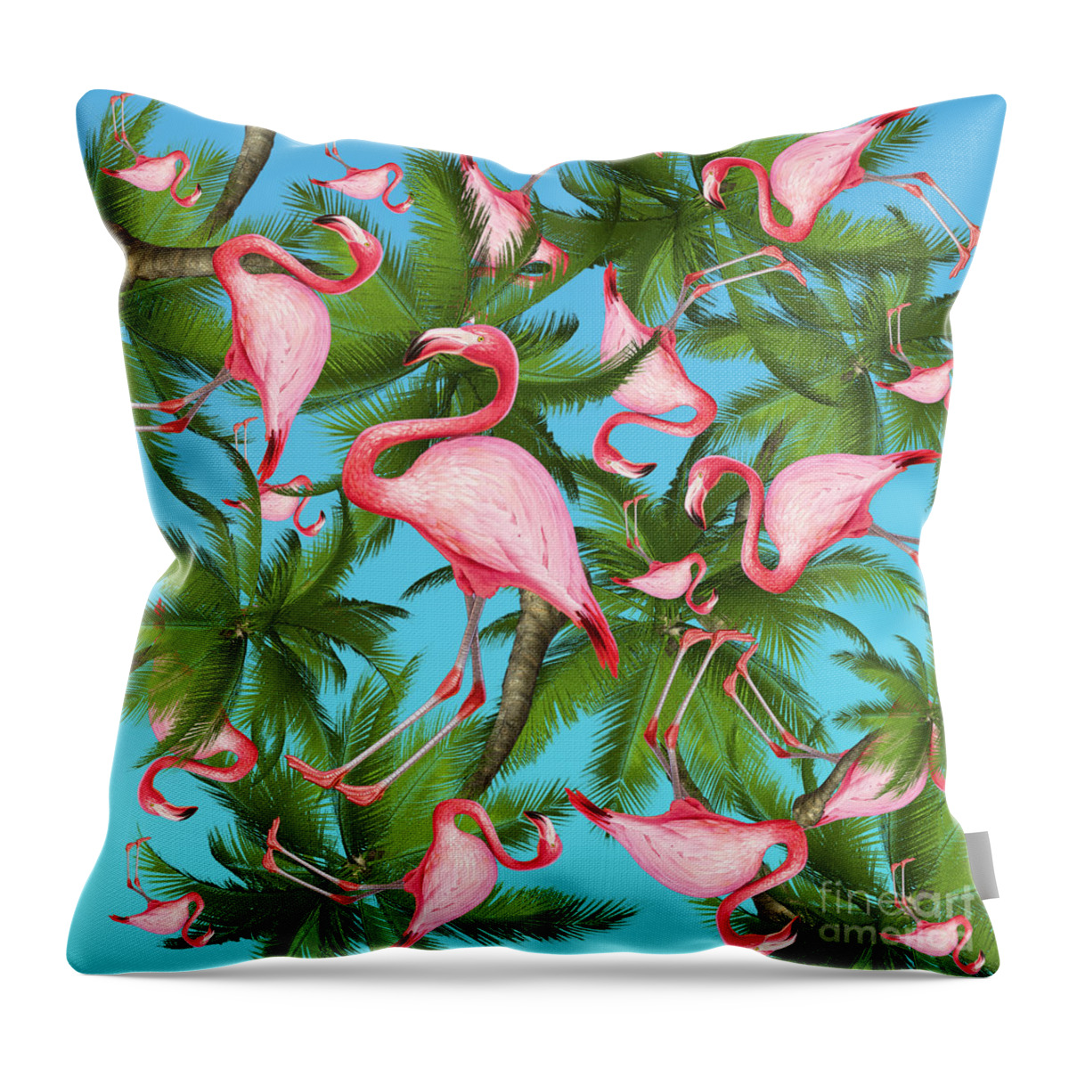  Summer Throw Pillow featuring the digital art Palm tree and flamingos by Mark Ashkenazi