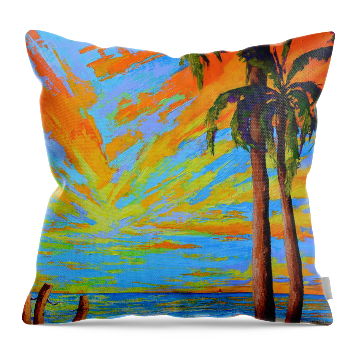 Florida Palm Trees Throw Pillow featuring the painting Florida Palm Trees, Tropical Beach, Colorful Sunset Painting by Patricia Awapara
