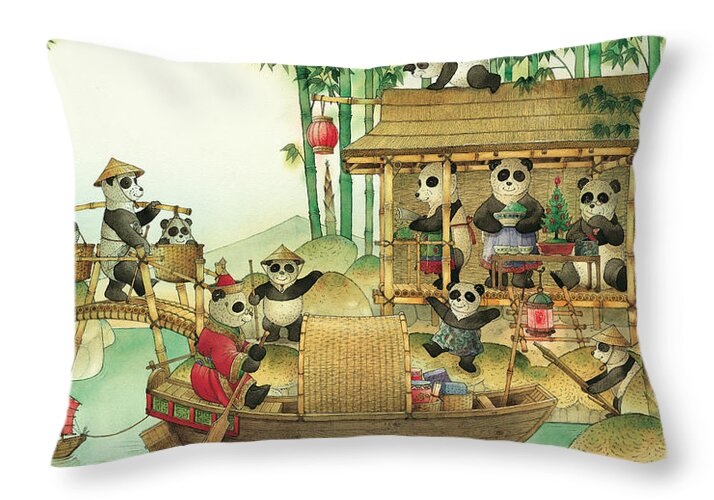 Christmas Greeting Cards Panda China Throw Pillow featuring the painting Pandabears Christmas 03 by Kestutis Kasparavicius