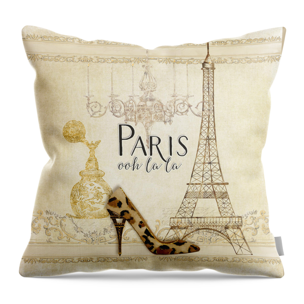 Fashion Throw Pillow featuring the painting Paris - Ooh la la Fashion Eiffel Tower Chandelier Perfume Bottle by Audrey Jeanne Roberts