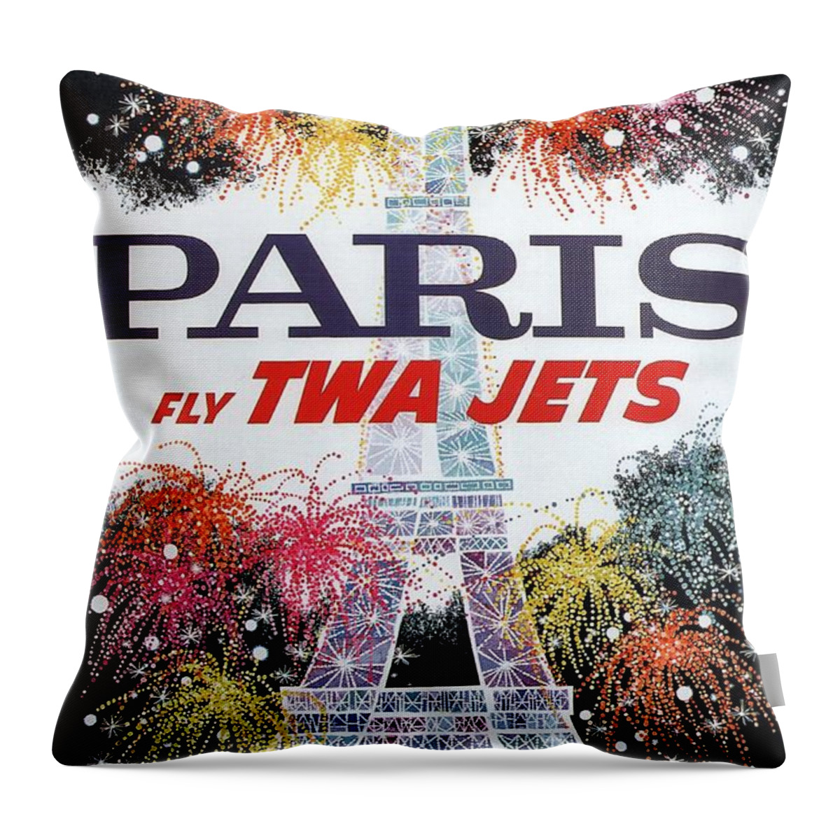 Travel Poster Throw Pillow featuring the mixed media Paris - TWA Jets - Trans World Airlines - Eiffel Tower - Retro travel Poster - Vintage Poster by Studio Grafiikka