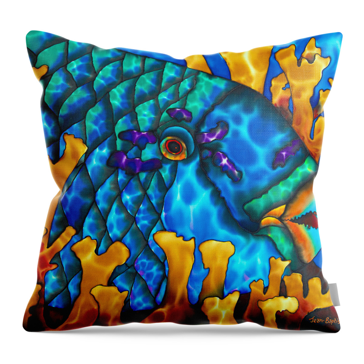 Diving Throw Pillow featuring the painting Parrotfish and Fire coral by Daniel Jean-Baptiste