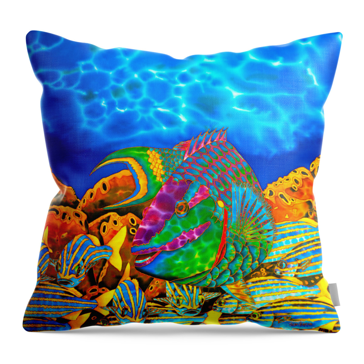 Stoplight Parrotfish Throw Pillow featuring the painting Parrotfish and smallmouth grunt by Daniel Jean-Baptiste