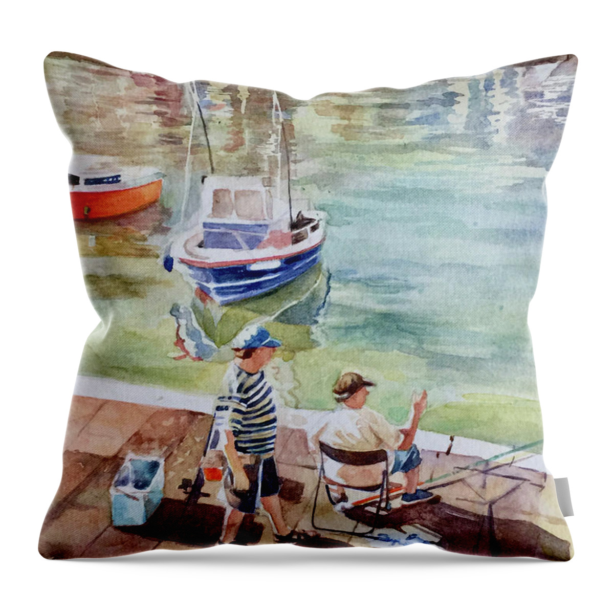 Watercolor Throw Pillow featuring the painting Partie de Peche by Francoise Chauray