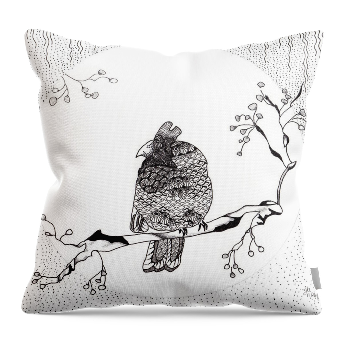 Cardinal Throw Pillow featuring the drawing Party Time in Birdville by Jan Steinle