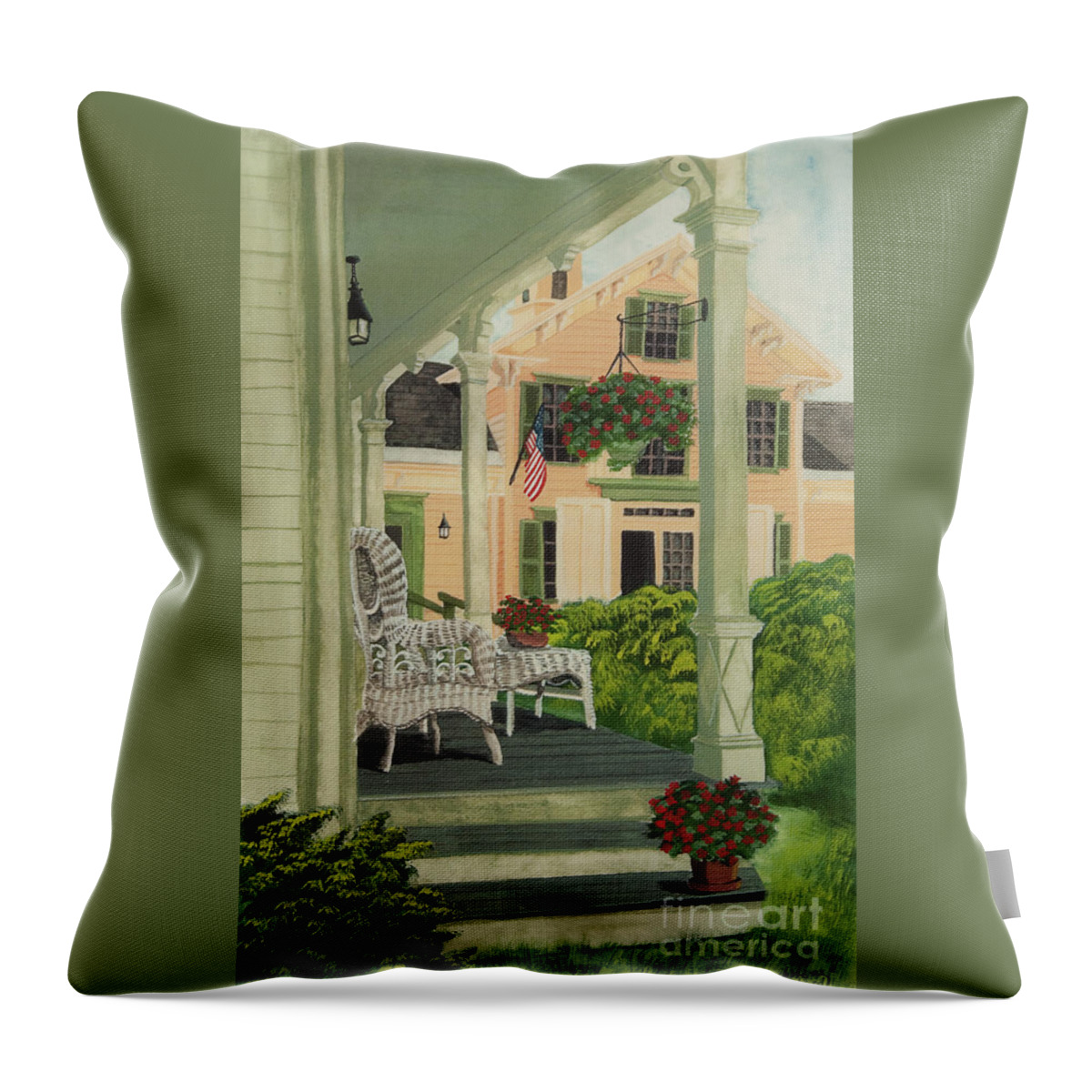 Side Porch Throw Pillow featuring the painting Patriotic Country Porch by Charlotte Blanchard