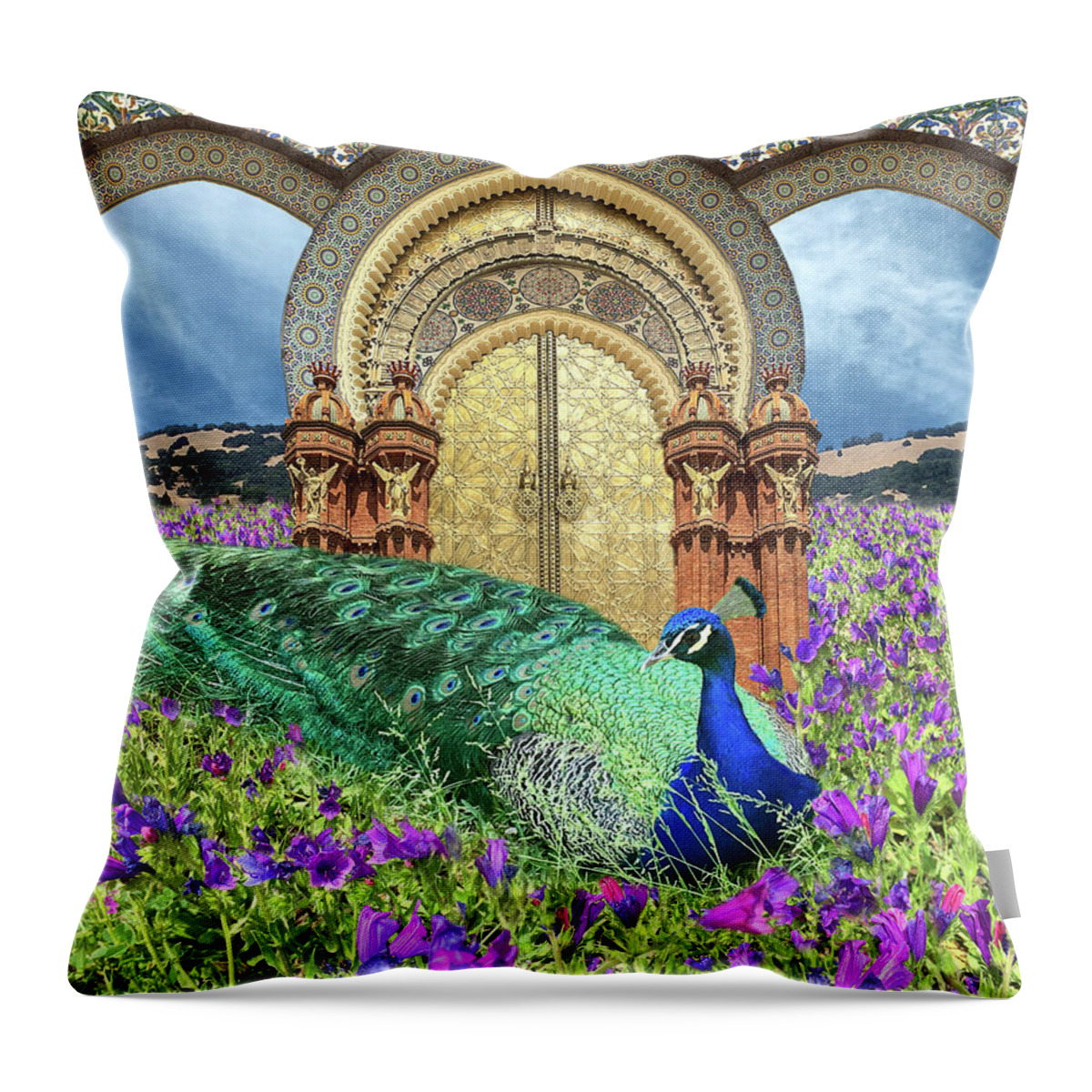 Peacock Throw Pillow featuring the digital art Peacock Gate by Lucy Arnold