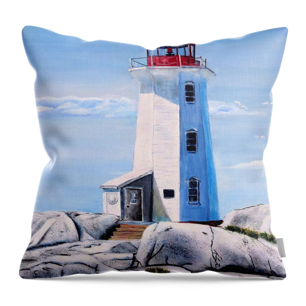 Peggy's Cove Throw Pillow featuring the painting Peggy's Cove Lighthouse by Marilyn McNish