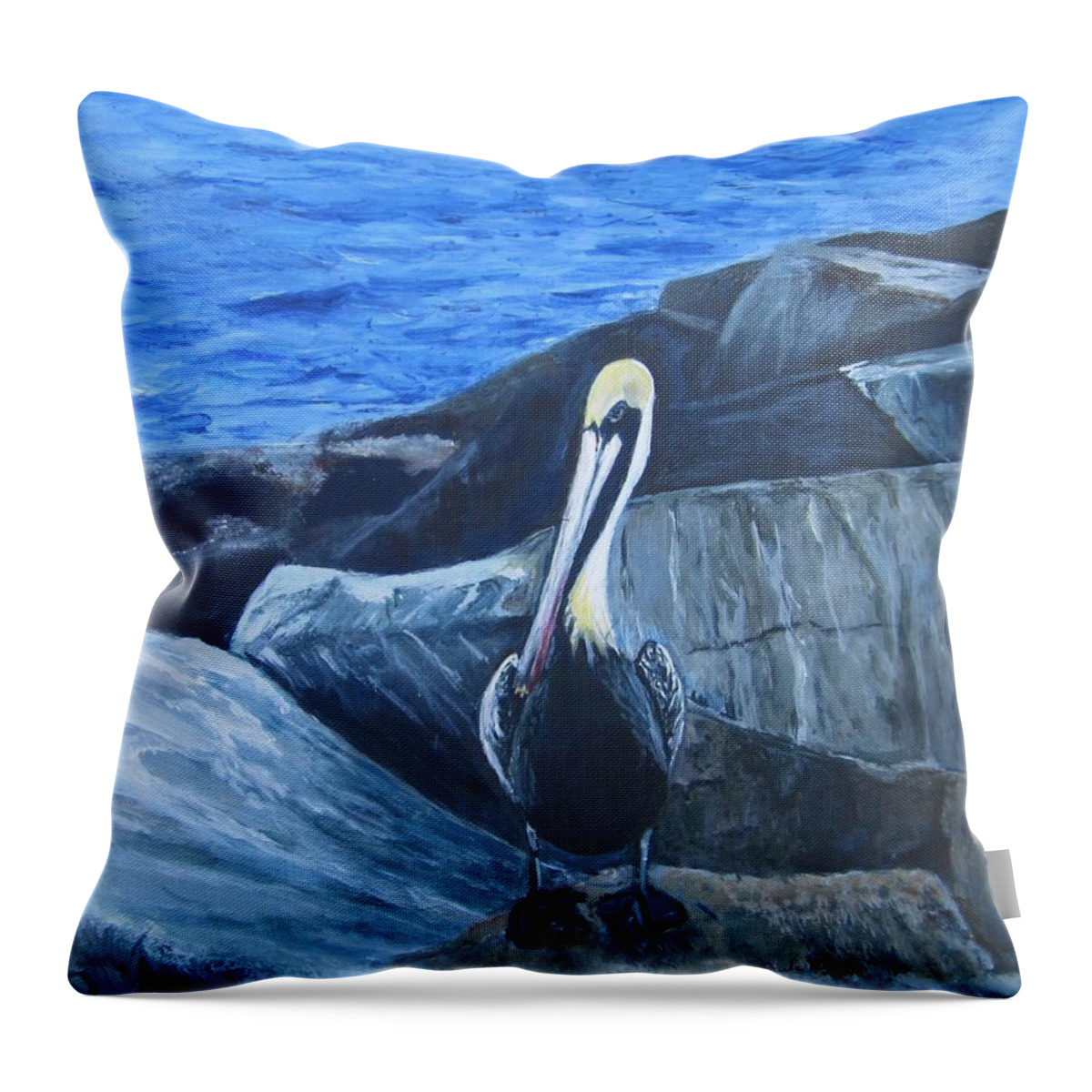 Pelican Throw Pillow featuring the painting Pelican On The Rocks by Paula Pagliughi