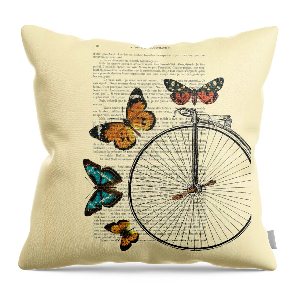 Wheel Throw Pillow featuring the digital art Penny farthing with butterflies by Madame Memento