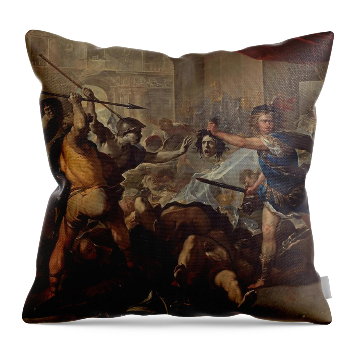 Luca Giordano Throw Pillow featuring the painting Perseus fights Phineas by Luca Giordano
