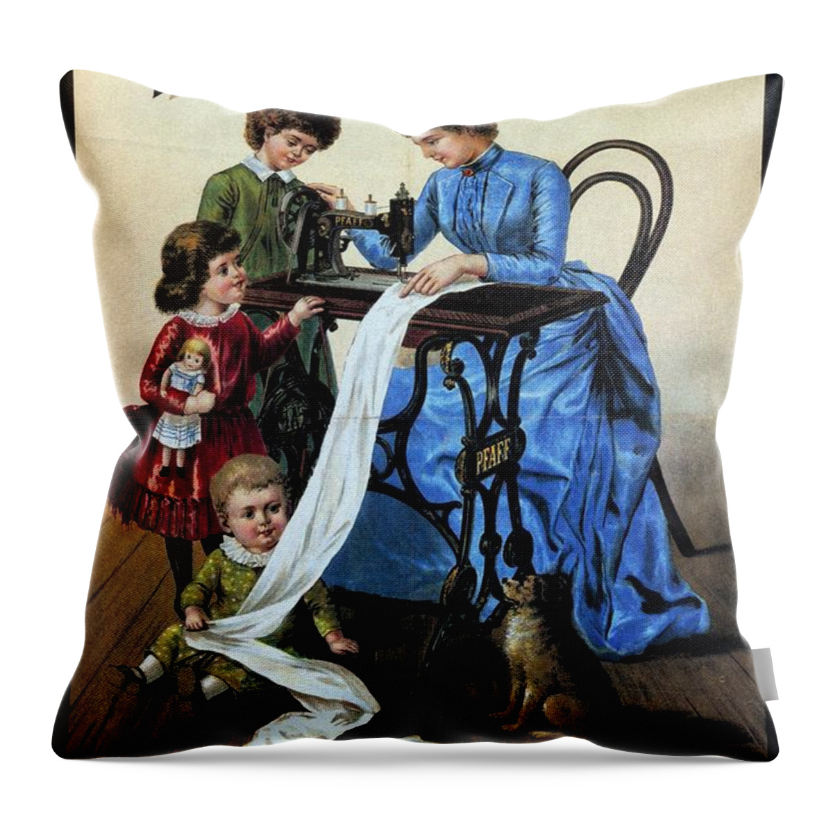 Vintage Throw Pillow featuring the mixed media Pfaff - Sewing Machine - Vintage Advertising Poster by Studio Grafiikka