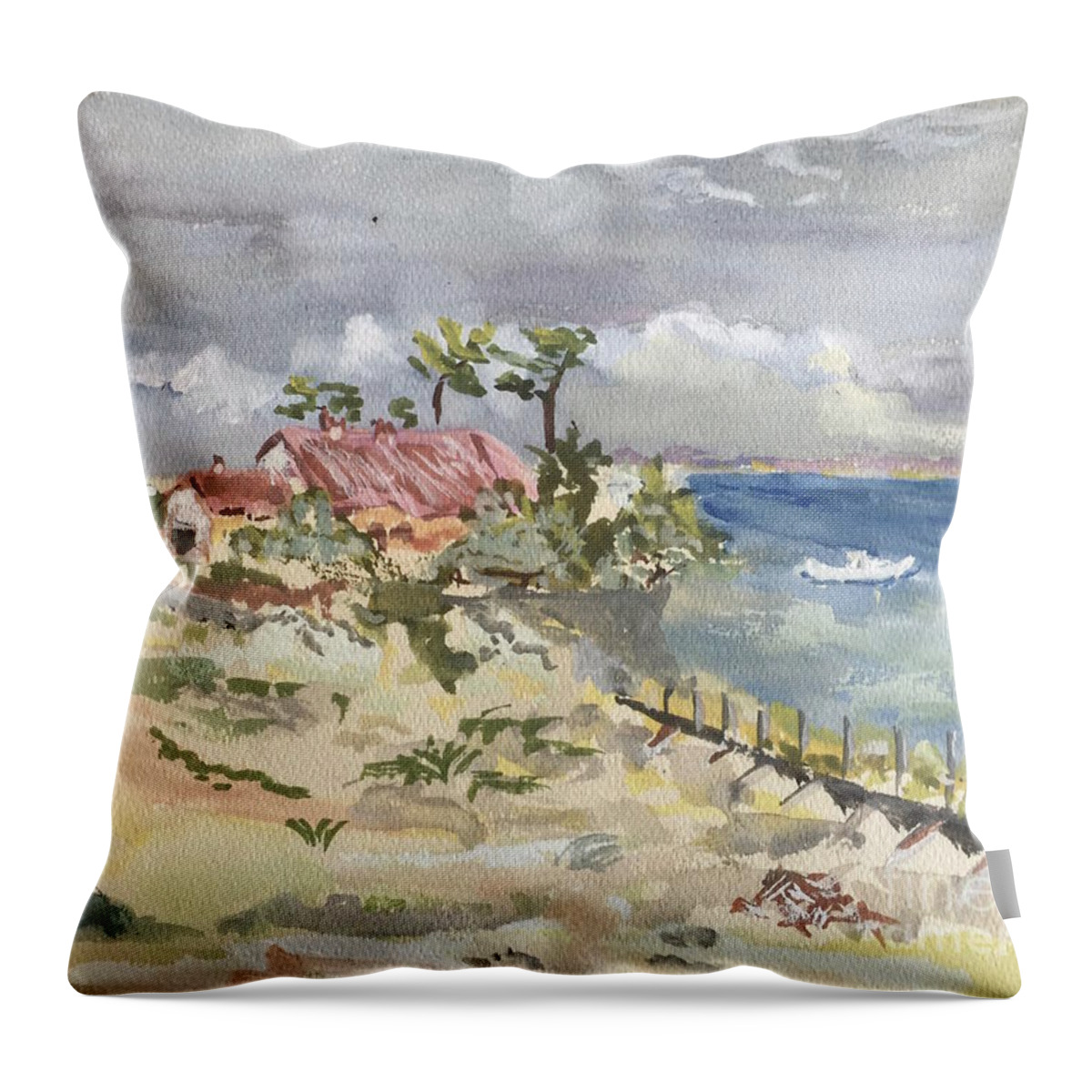 Plage Throw Pillow featuring the painting Phare du Cap Ferret - Hommage famille David. by Francoise Chauray