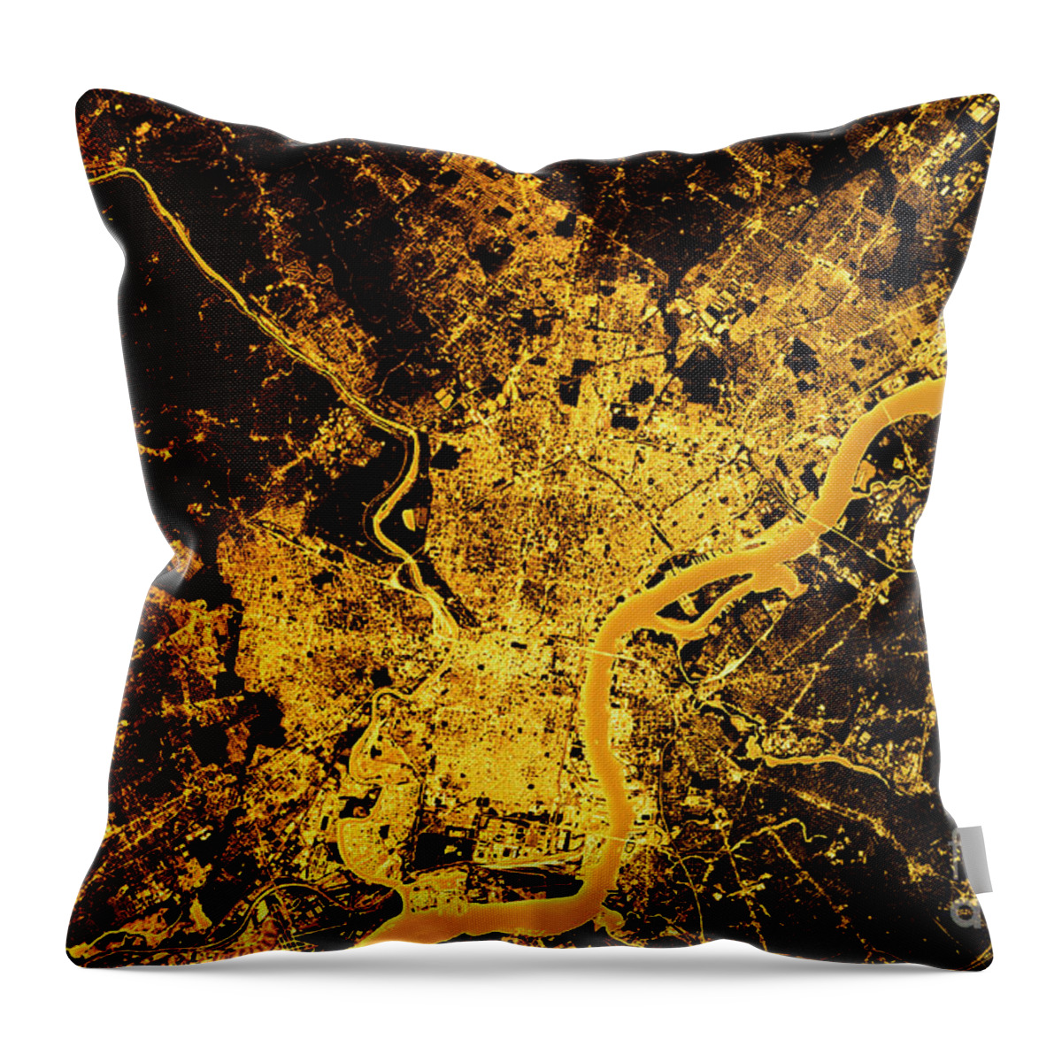 Philadelphia Throw Pillow featuring the digital art Philadelphia Abstract City Map Golden by Frank Ramspott