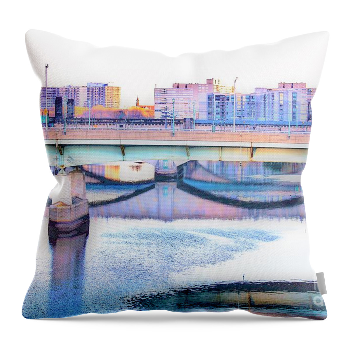 I Went For A Early Morning Walk And Came Across This Scene In Philadelphia. I Liked The Colors And Reflections Off The Water. This Is Another Version Of The Scene. Throw Pillow featuring the photograph Philadelphia Scene1 by Merle Grenz