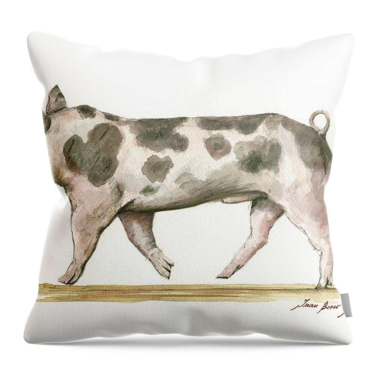 Hampshire Pig Throw Pillow featuring the painting Pietrain pig by Juan Bosco