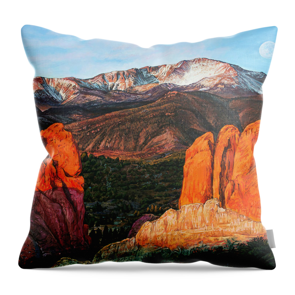 Pikes Throw Pillow featuring the painting Pikes Peak by Aaron Spong