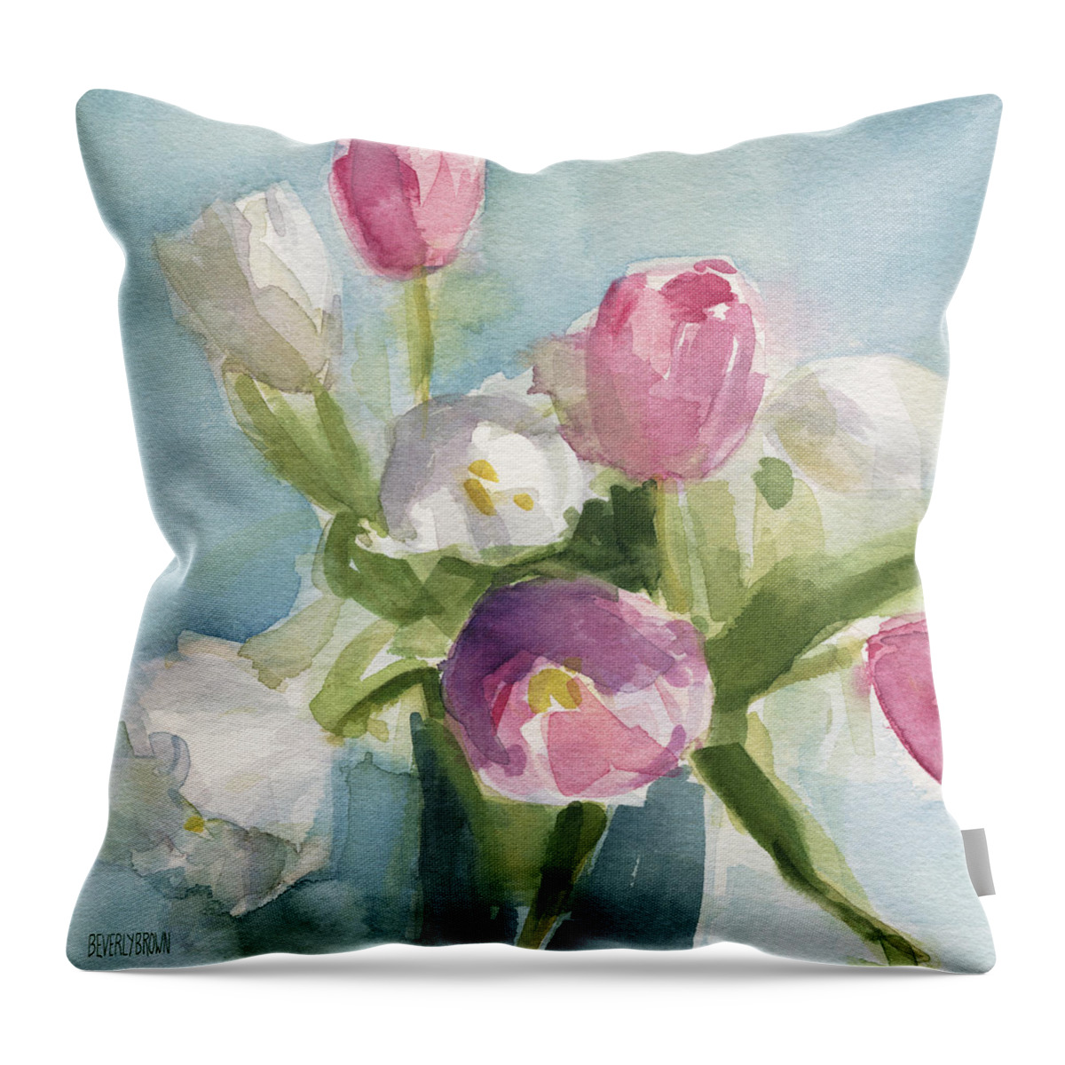 Floral Throw Pillow featuring the painting Pink and White Tulips by Beverly Brown Prints